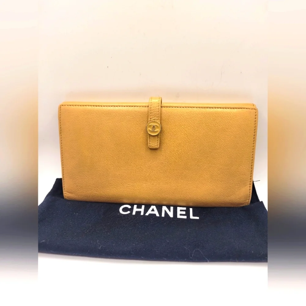 Chanel Coco Button Beige Gold Long Grained Wallet